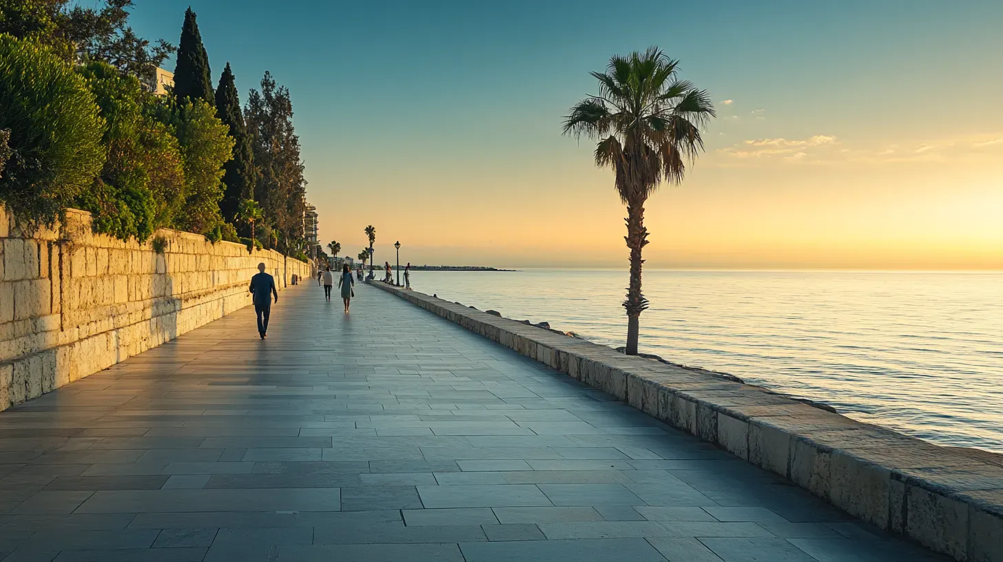 Cyprus seaside promenade at sunset
